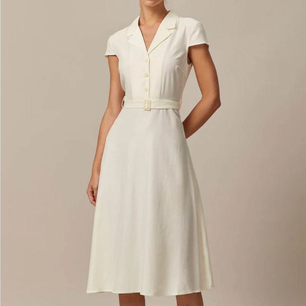 Rihoas The Beige Lapel Cap Sleeve Shirt Midi Dress, NWT S